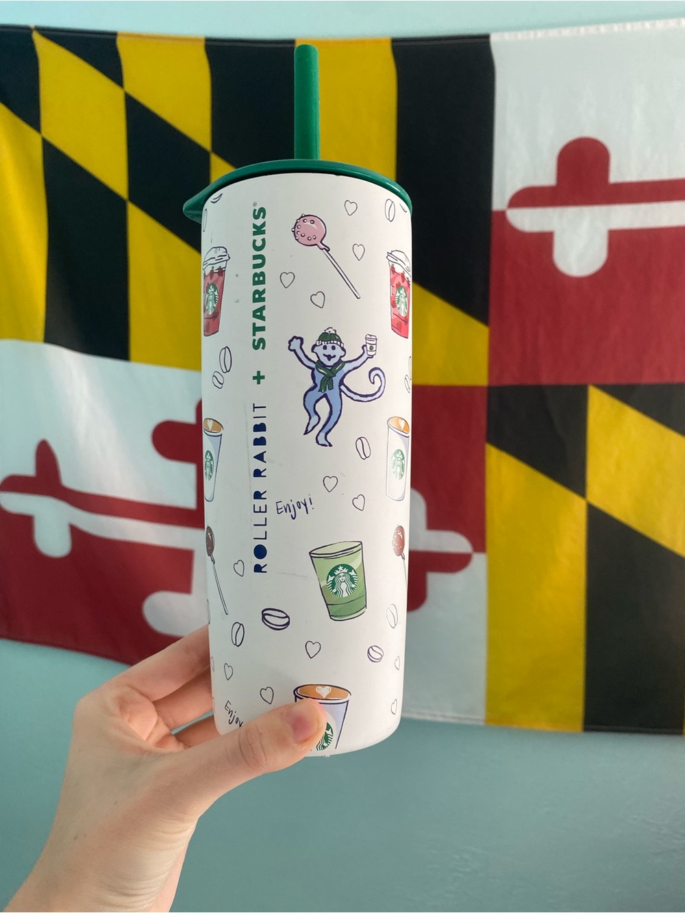 Starbucks White Tumbler with Green Lid and Playful Illustrations